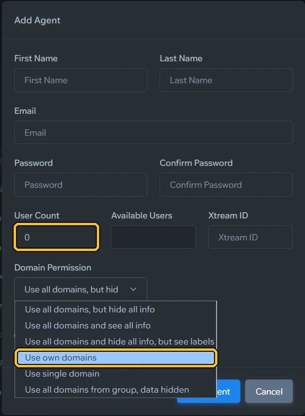 En **User Count**, pon cuántos clientes puede activar. En **Domain Permission**, elige **Use own domains**: cada revendedor usa sus propias DNS.