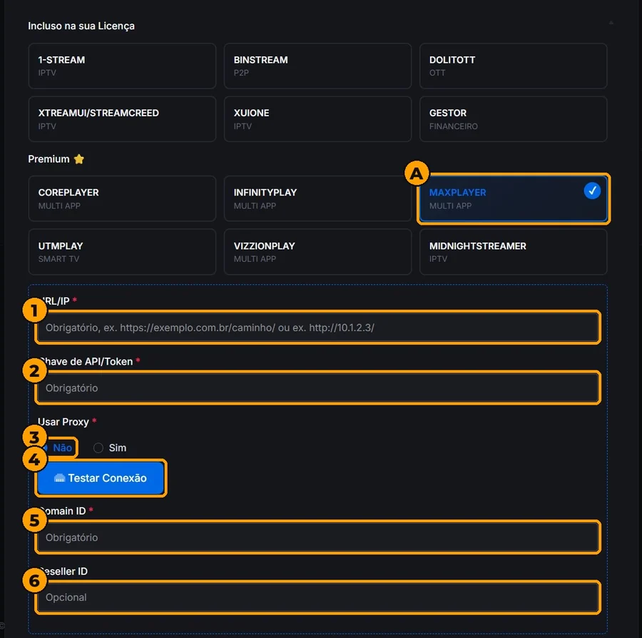 Ve a **Servidor › Agregar** y elige la tarjeta **MAXPLAYER** (**A**). Completa: **1** URL/IP `https://api.maxplayer.tv` · **2** la clave de API · **3** Usar Proxy: **No** · **4** toca **Probar conexión** · **5** el ID de la DNS · **6** Reseller ID: déjalo vacío.